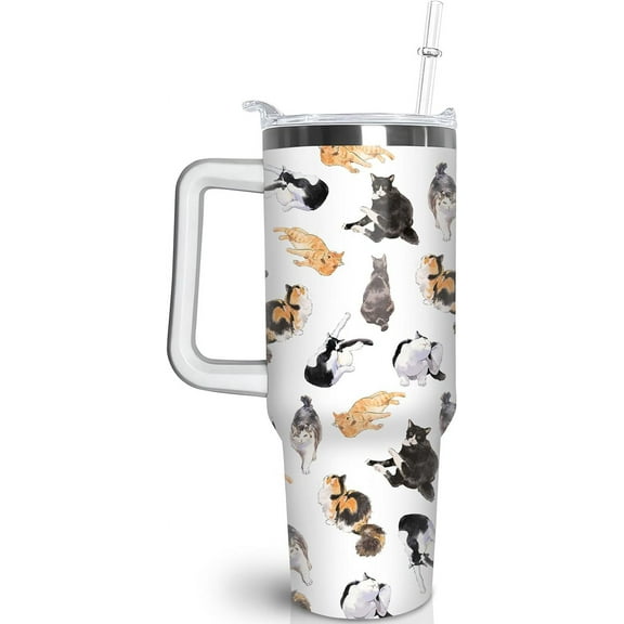 40 oz Cat Tumbler with Handle and Straw, Stainless Steel Vacuum Insulated Travel Coffee Mug Cup Water Bottle, Cat Stuff Accessories Decor, Cat Lover Gifts for Women Girls