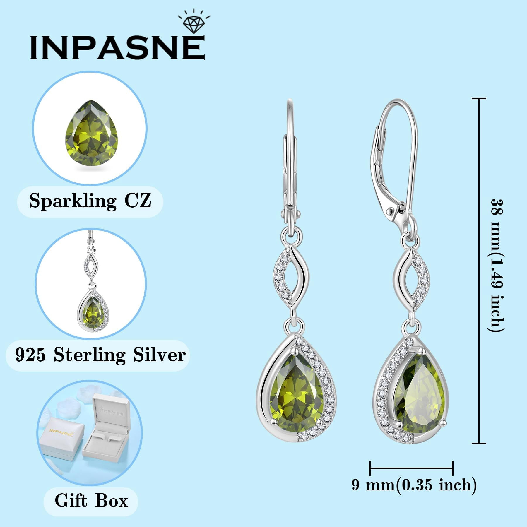 Inpasne Teardrop Dangle Drop Earrings for Women 925 Sterling Silver Leverback Peridot Earrings August Birthstone Jewelry Gifts for Mom Her Wife Girlfriend