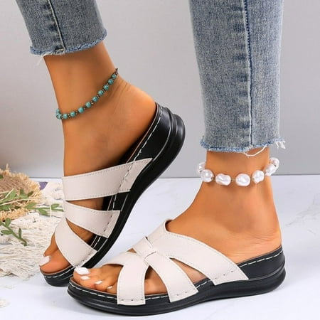 

UIX Summer Women s Wedge Heeled Thick Soled Slippers with Bow Decoration Fish Mouth Slippers Large Size Shoes