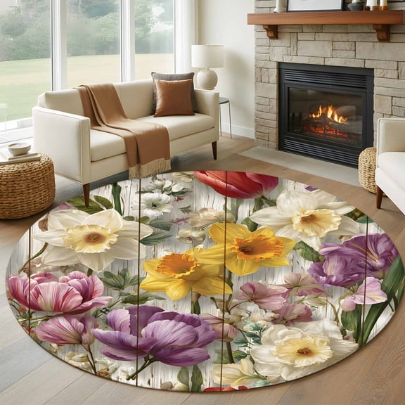 Round Rug 5Ft Washable Non-Slip, Spring Floral Circle Area Rugs for Living Room Bedroom, Farmhouse Flowers Watercolor Botanical Elegant Indoor Floor Mats Carpet Runner for Home Decor Aesthetic