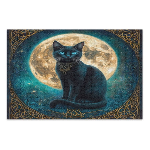 WOBOGO Black Cat with Full Moon Jigsaw Puzzle Challenge 500 Piece Jigsaw Suitable for Game Night Finished Size 20.5 x 14.9in