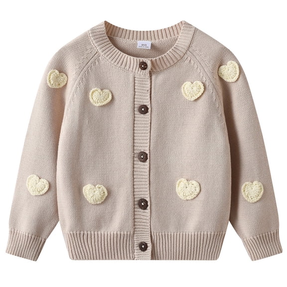 SERTG Kids Knit Cardigan Sweater Embroidered Hearts Long Sleeve Open Front Fall Winter Thermal Cozy Top Outerwear(Beige,4-5 Years)