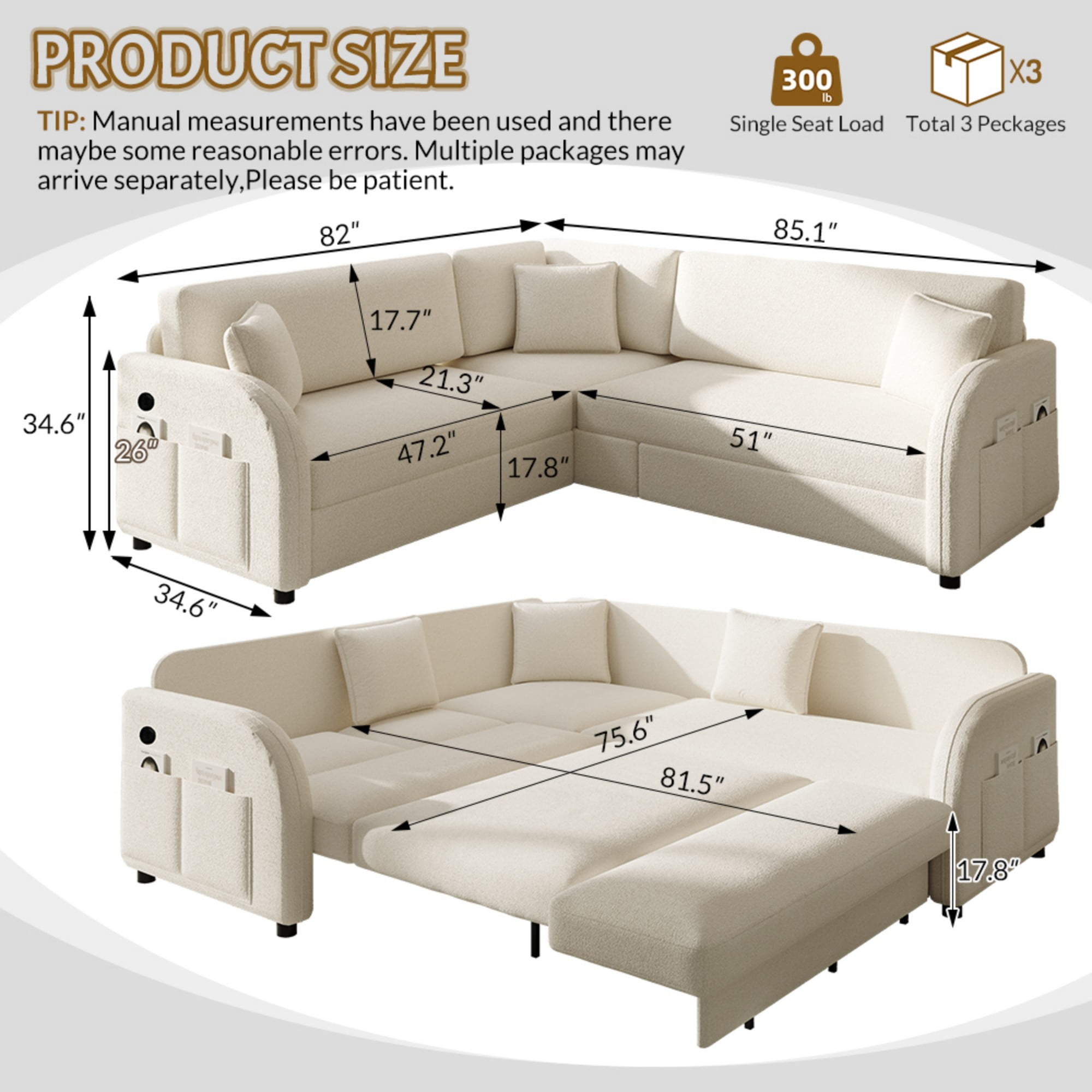 LLappuil Sectional Sofa, 85" Sectional Couch with Pull Out Sofa Bed King Size, 5 Seat Sofa Convertible Sofa Bed for Living Room Beige
