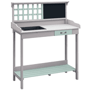 Outdoor Wooden Potting Bench Table with Removable Sink, Garden Work Station with Chalkboard, Drawer, Open Shelf Storage, Light Gray