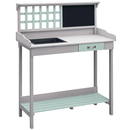 Outdoor Wooden Potting Bench Table with Removable Sink, Garden Work Station with Chalkboard, Drawer, Open Shelf Storage, Light Gray