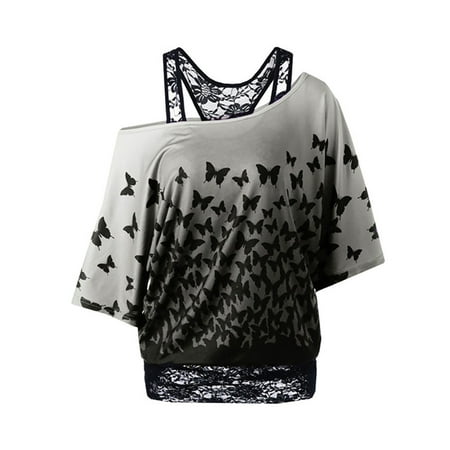 Butterfly And Lace Shirt - S-5XL Butterfly Print Lace Shirt Plus Size One Shoulder Tops