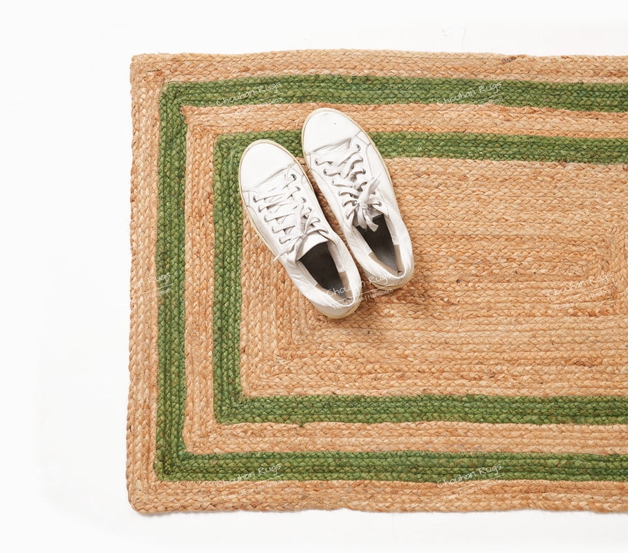 Rectangle Rug Natural Jute Rug Hand Braided Beige and Green Color Rounding Line Area Rug