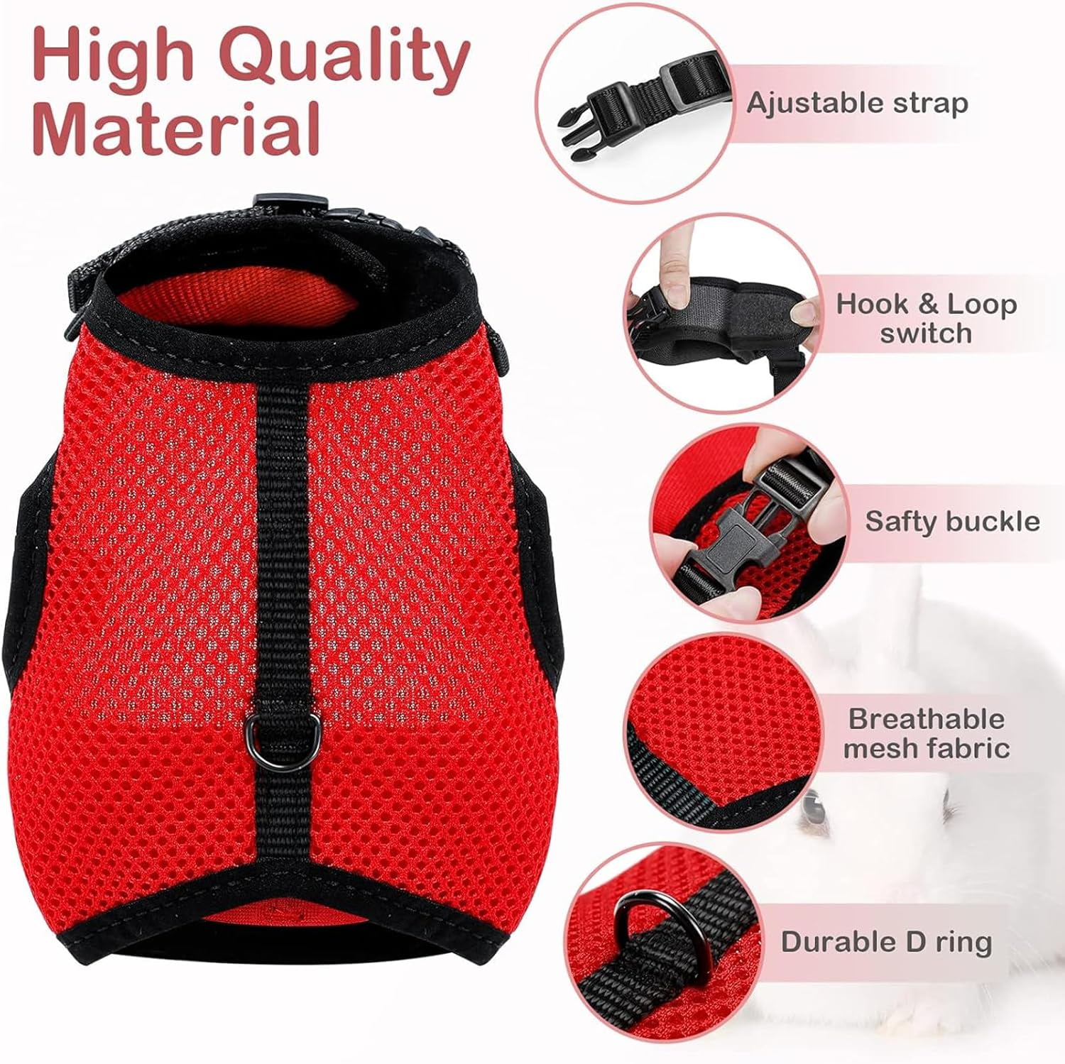 Rabbits Harness, With Elastic Lead, Adjustable Rabbit Harness And Lead Set, Mesh Vest for Hamsters Small Cats Guinea Pig Walking(L, Red)