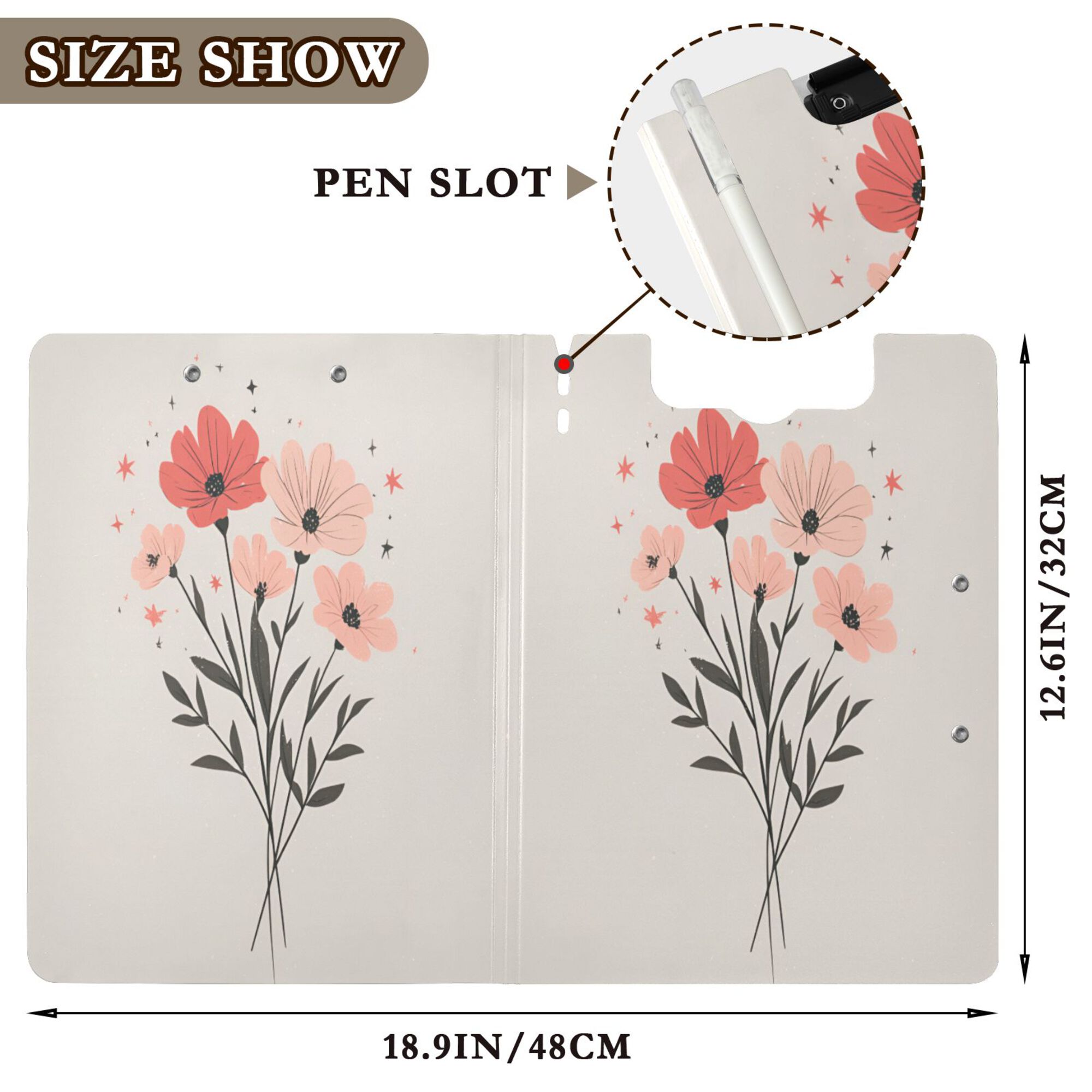 FORMRS A4 Clipboard Folder with Pen Holder Horizontal Foldable School Office Binder, Pink Flower