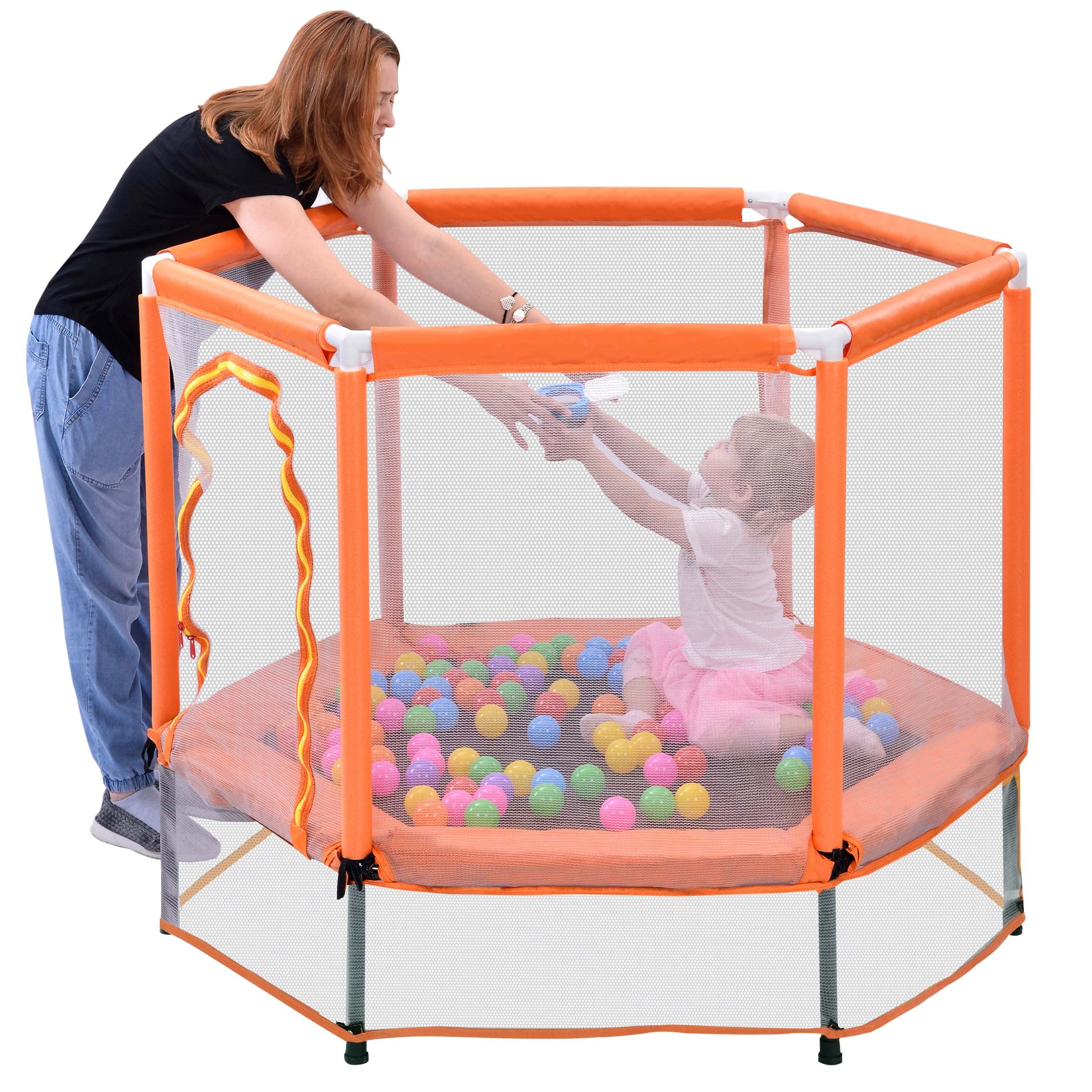 55" Toddler Trampoline with Safety Enclosure Net & Ocean Balls, Indoor Outdoor Mini Trampoline for Kids, No-Gap Design, ASTM Certified, Birthday Gift for Boys Girls