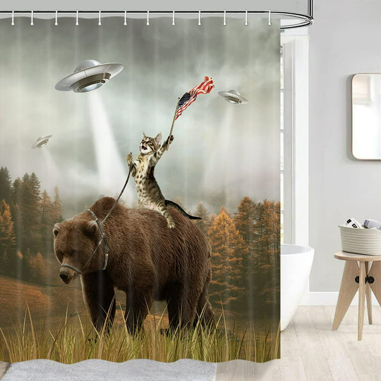 Funny Shower Curtain Cat Riding Bear In Forest Cabin Hungting Ufo Bathroom Set Curtains Liner With Hooks 69x70inches Com