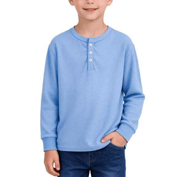 CYRBOKO Boys Long Sleeve Shirts, Casual Spring Fall Henley Collar Pullover T-shirts for Boys Blue Size 7-8 T