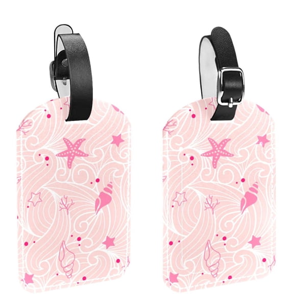 Square 2Pack PU Leather Shellfish Summer Beach Cruise Luggage Tag with Privacy Cover and Name ID Tag for Travel Handbags Backpacks Luggage Tags