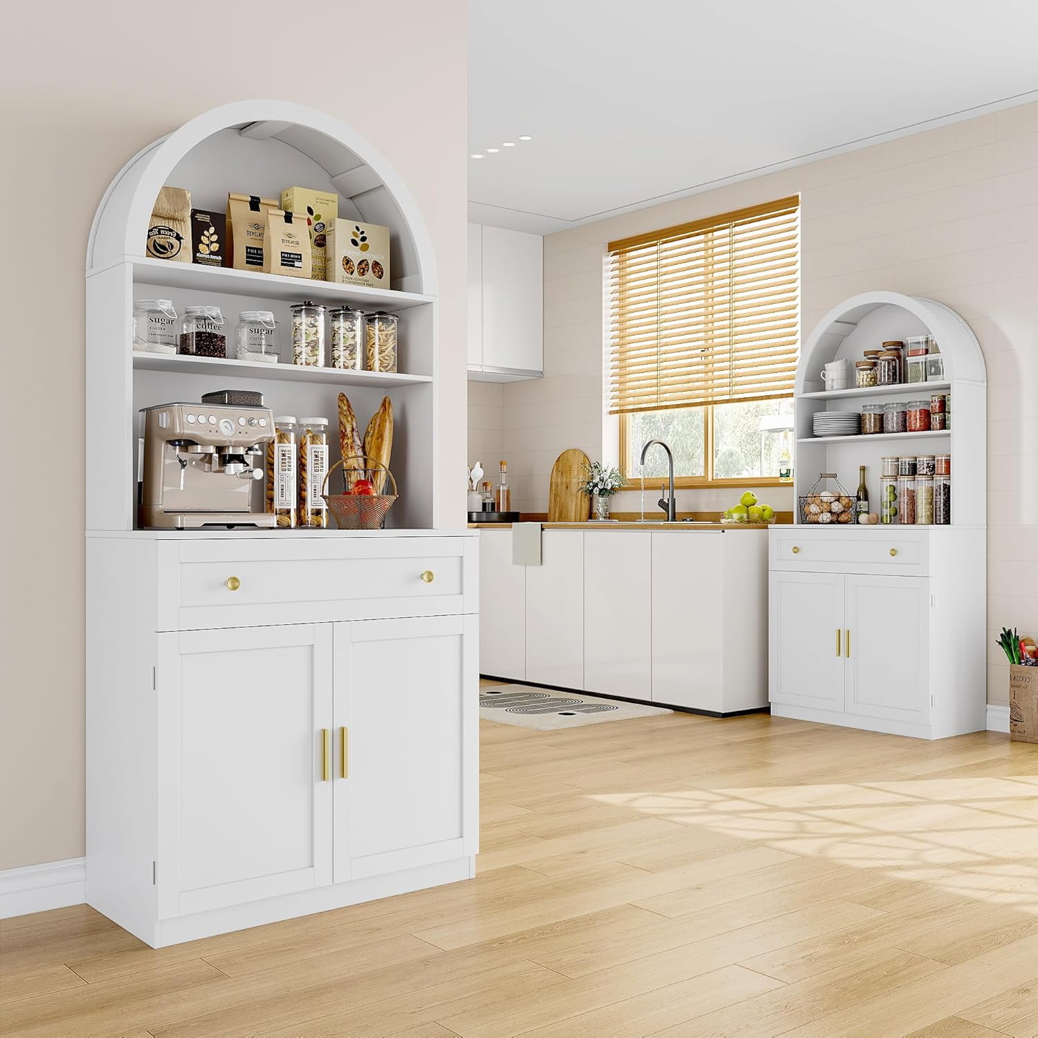 Pipleo 71" Tall Arched Kitchen Pantry Cabinet, Modern Kitchen Storage Cabinets with Hidden Drawer and Spacious Countertop, Wooden Storage Pantry Cabinet for Living Room, Dining Room