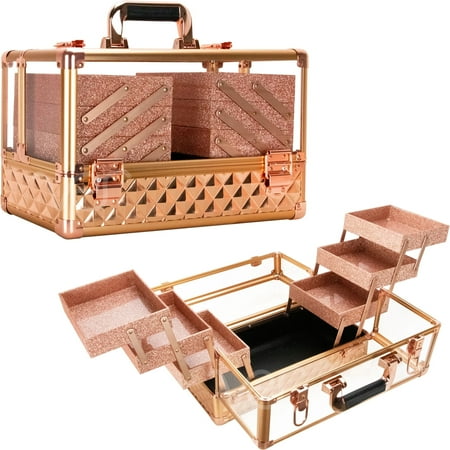 VER Beauty Armored Acrylic 6-Tiers Accordion Trays Professional Cosmetic Makeup Portable Travel Case with Brush Holder (Rose Gold Diamond)