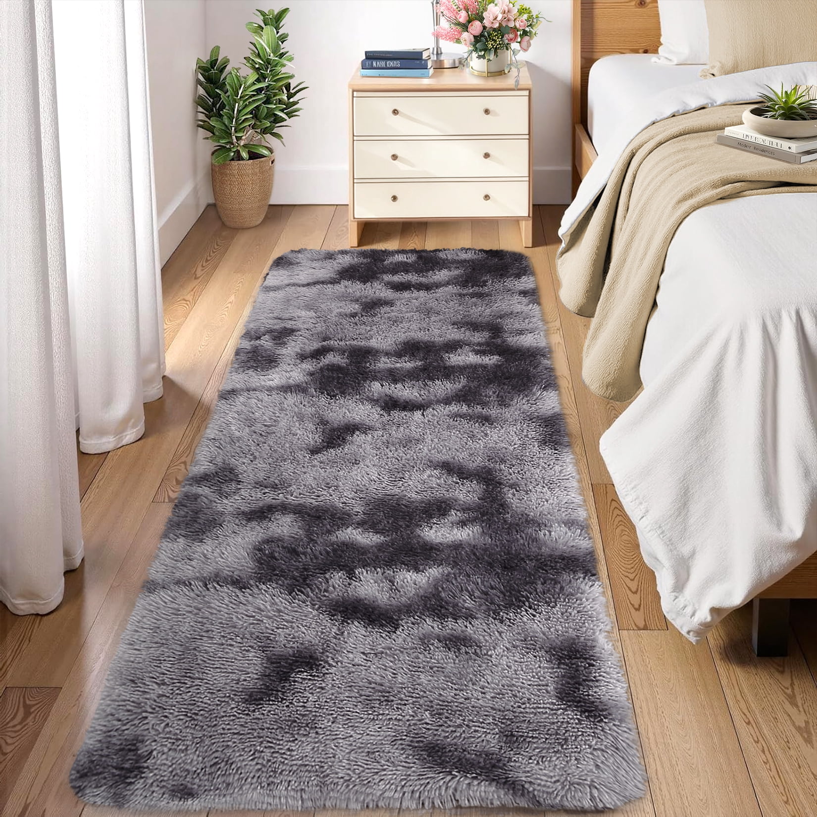 HOMERRY Plush Polyester Shag Area Rug 2'x 8' Fluffy Runner Rug Plush Decorative Runner Rug for Indoor Home Floor Carpet, Tie-dye Dark Gray