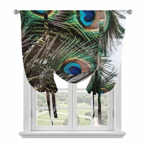 Peacock Feather Balloon Curtains for Living Room/French Door, Teal Blue Bird Feather Modern Art Printed Tie Up Curtains 63 Inch Length Energy Saving Kitchen Curtains Shades for Windows 42"x63"