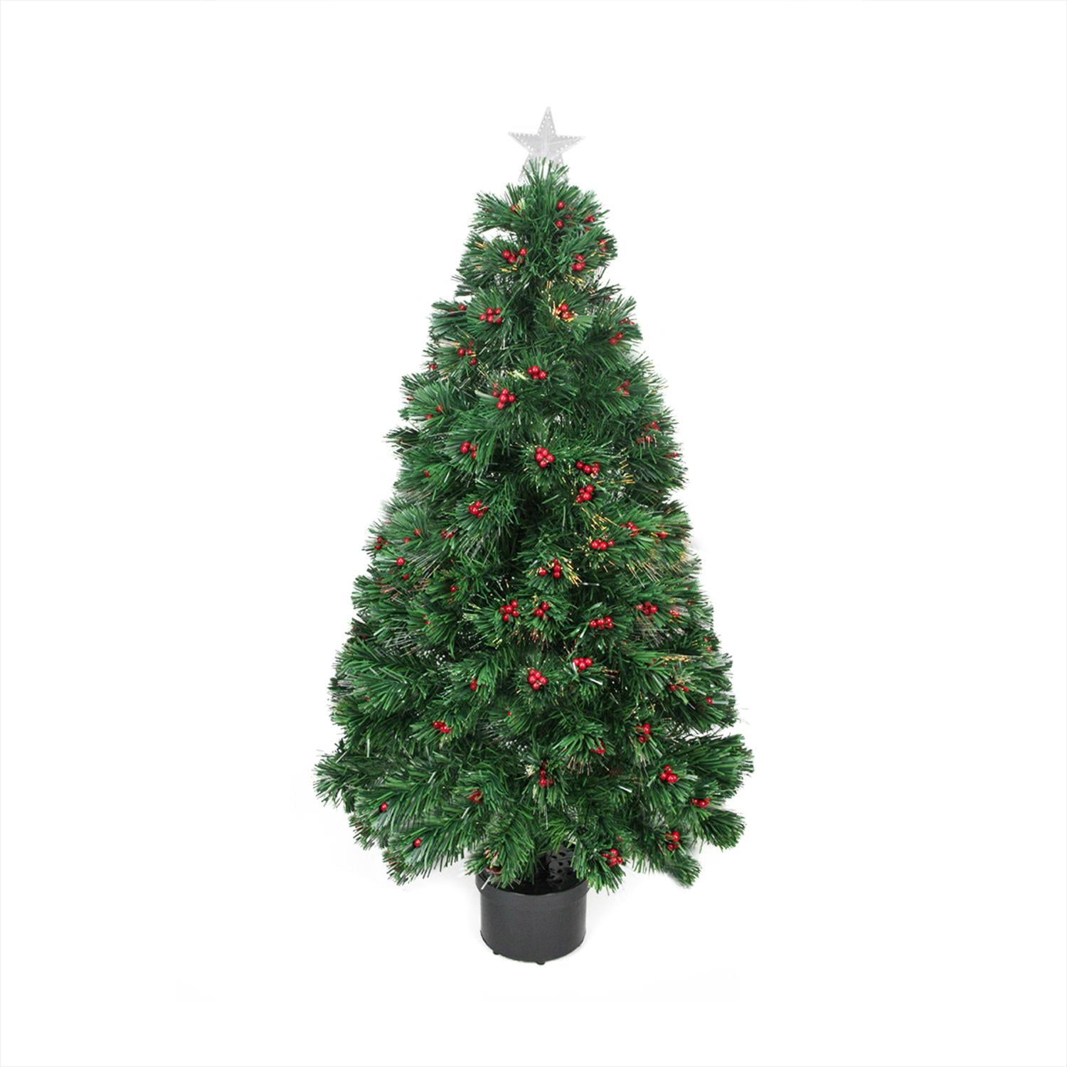 3' PreLit Color Changing Fiber Optic Christmas Tree with Red Berries