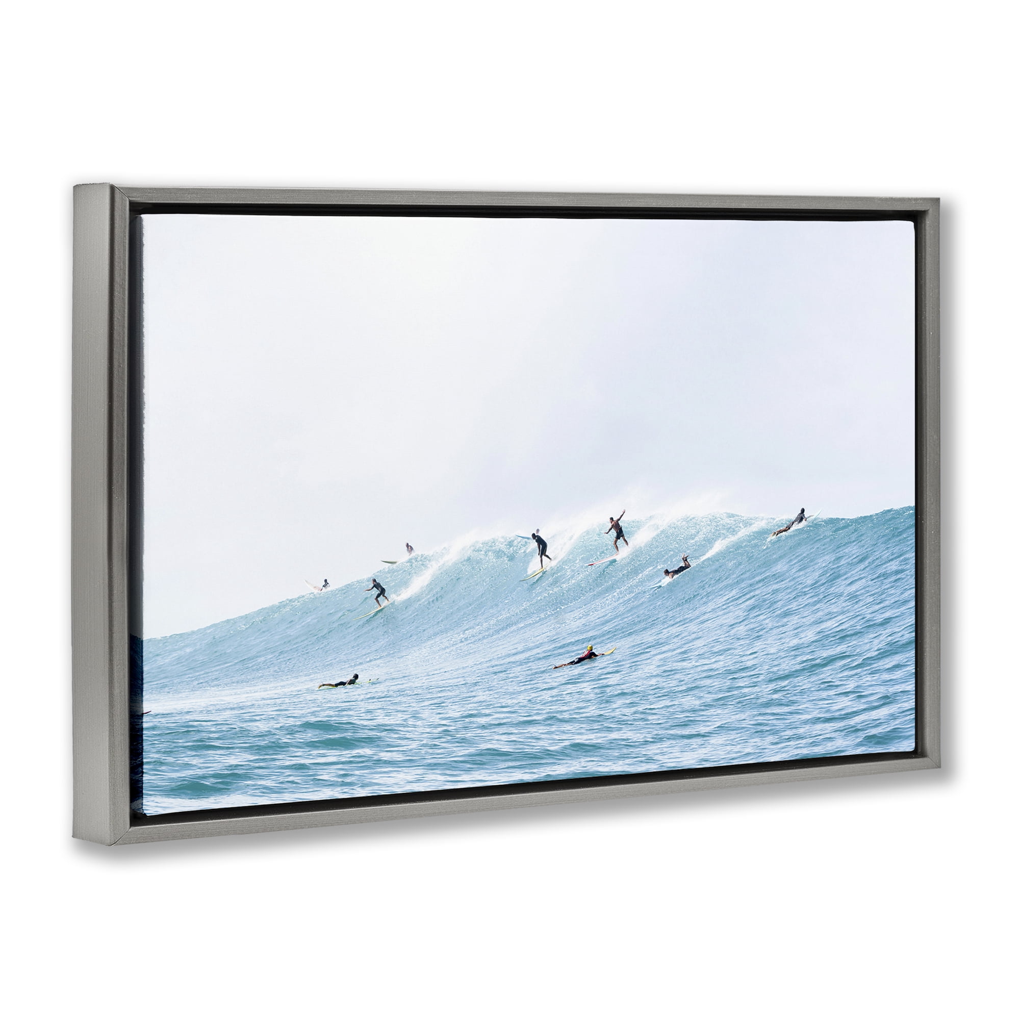 Stupell Industries Blue Wave Surfers Nautical & Beach Photography Gray Floater Framed Canvas Art Print Wall Art, 25 x 17