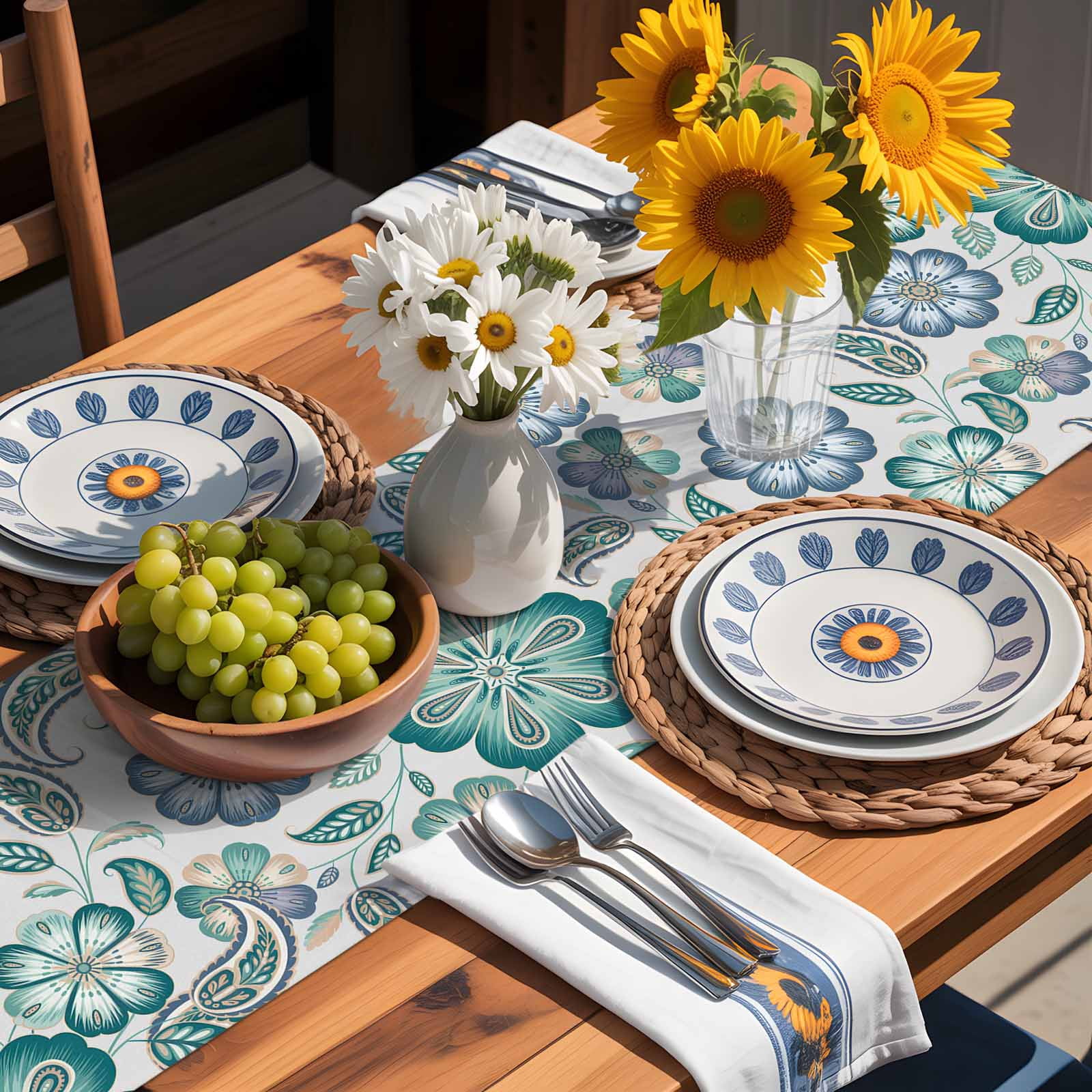 Abstract Ombre Ethnic Flower Table Runner 90 Inches Long, Traditional Blossom Floral Table Runners Tabletop Scarf Kitchen Dining Tables Decoration for Home Party Indoor Outdoor