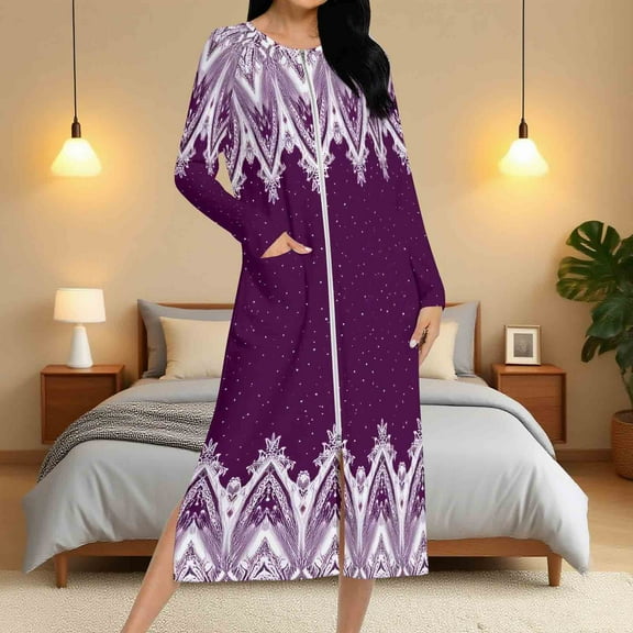 Aboser Women's Paisley Boho Robes Zip Up Long Nightgown Retro Tribal Ethnic Bathrobe Loose Zipper Front Loungewear Lightweight Soft Long Sleeve House Coat with Pockets