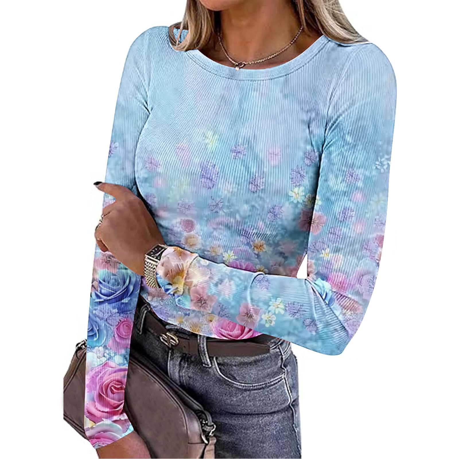 Nmnitkp Womens 2025 Summer Fall Long Sleeve Shirts Ribbed Knit Fitted Basic Tee Going Out Tops Underscrub Casual Outfits Blue,L