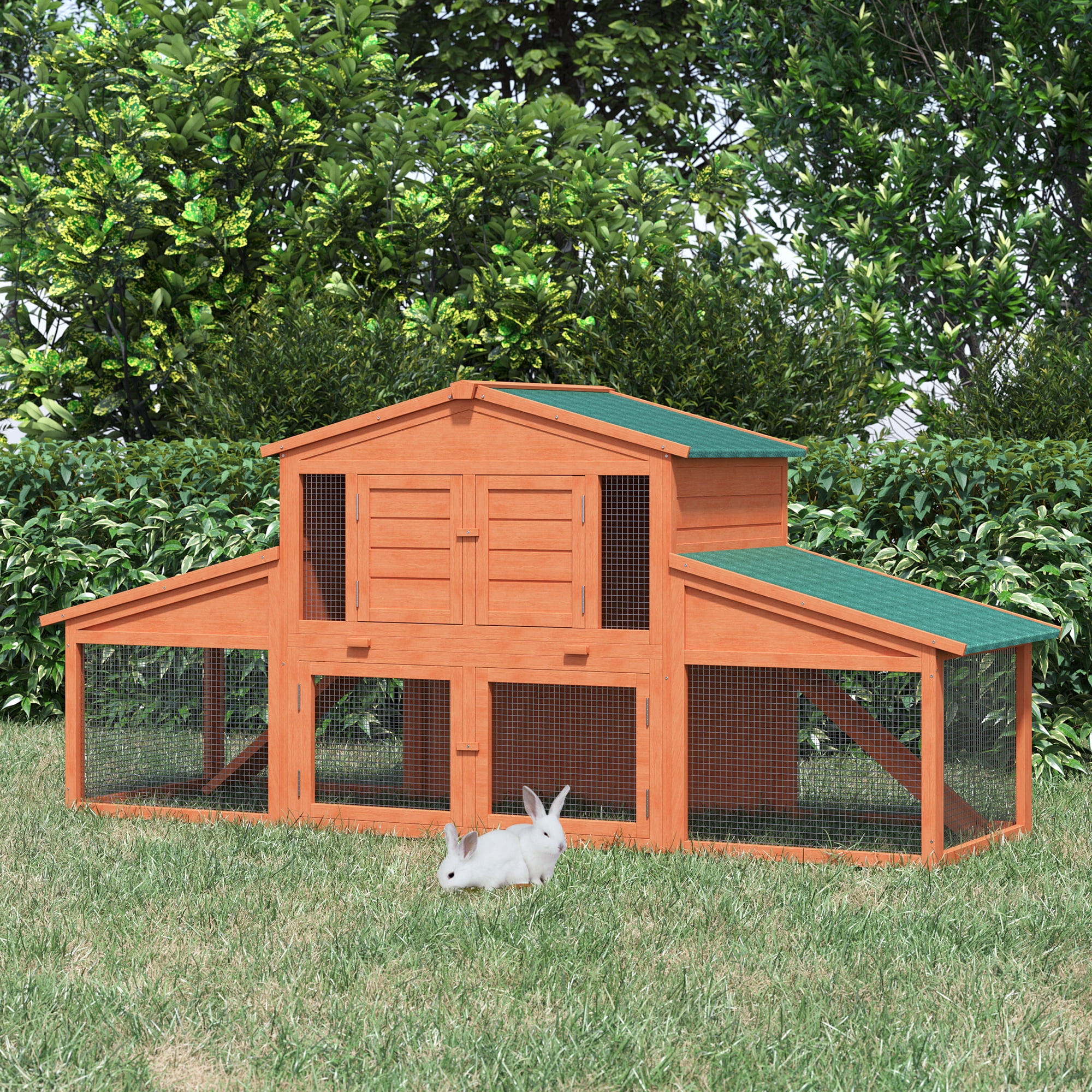 PawHut 88.5 x 27.5 x 39.25 Deluxe Wooden Rabbit Hutch Backyard Bunny Cage Small Animal Living House with Outdoor Run Orange Walmart