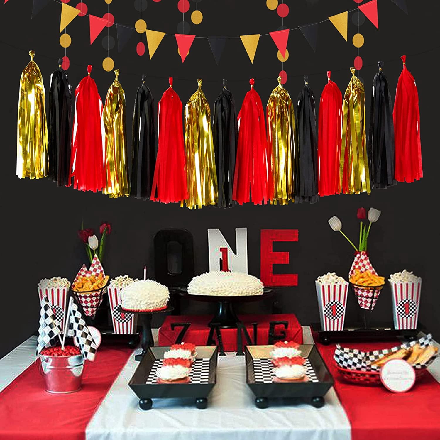 Red-Black Gold Casino-Theme Graduation Party-Decorations - 23pcs Kits Game Night Streamer Tissue Paper Pom Poms,Tassel Garland Banner,Birthday Wedding Baby Bridal Shower Decor