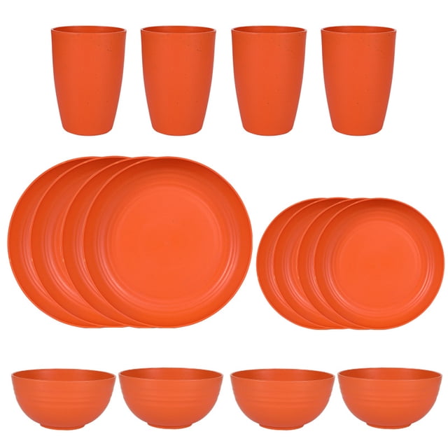 Nvzi 16pcs Wheat Straw Dinnerware Set,Plates and Bowls Set,Camping Dish Set for 4, Plastic Dinnerware Set,Dishwasher Safe Dinnerware Set,Orange