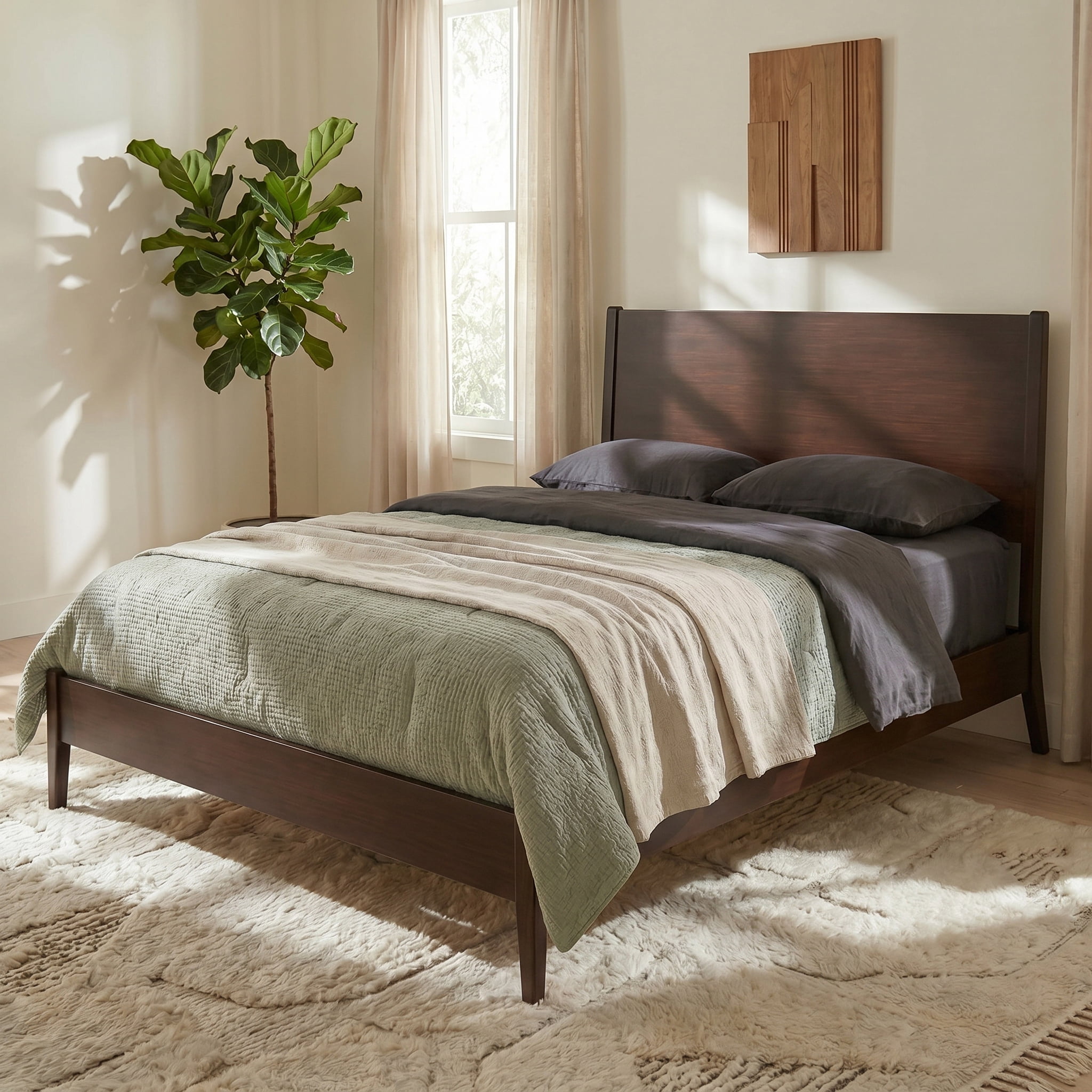Euroco Bamboo Wood Platform Bed, Mid-Century Queen Size Bed, Chocolate