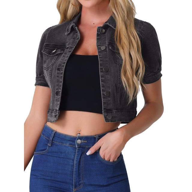 CHAQUETA DE JEAN DENIM CROP CON MANGAS PUFF Y BOTONES PARA MUJERES INSPIRADAS EN CHIC COLOR GRIS OSCURO