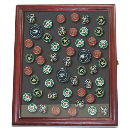 Display Case Wall Shadow Box Frame for Bottle Caps Collection, Wood, Glass Door MX-KC02-CH