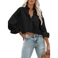 thumbnail image 2 of Womens Button Down Cropped Shirts Long Sleeve Casual Crop Tops Solid Lapel Blouse Shirt with Chest Pocket, 2 of 10