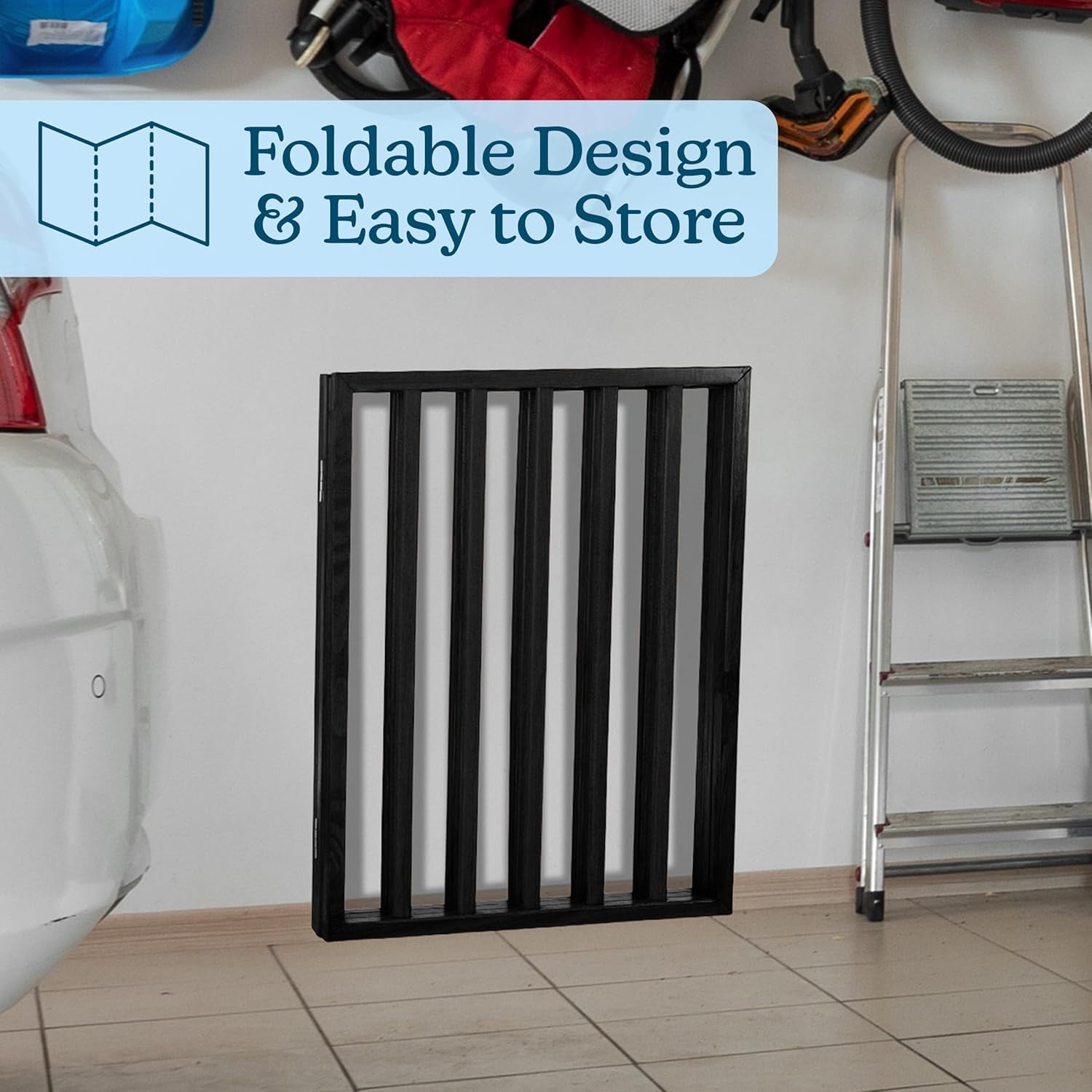 Foldable Indoor Dog Gate with 4 Panels for Stairs, Hallways, or Doorways - 72x24-Inch Retractable Wood Freestanding Pet Barrier (Gray)