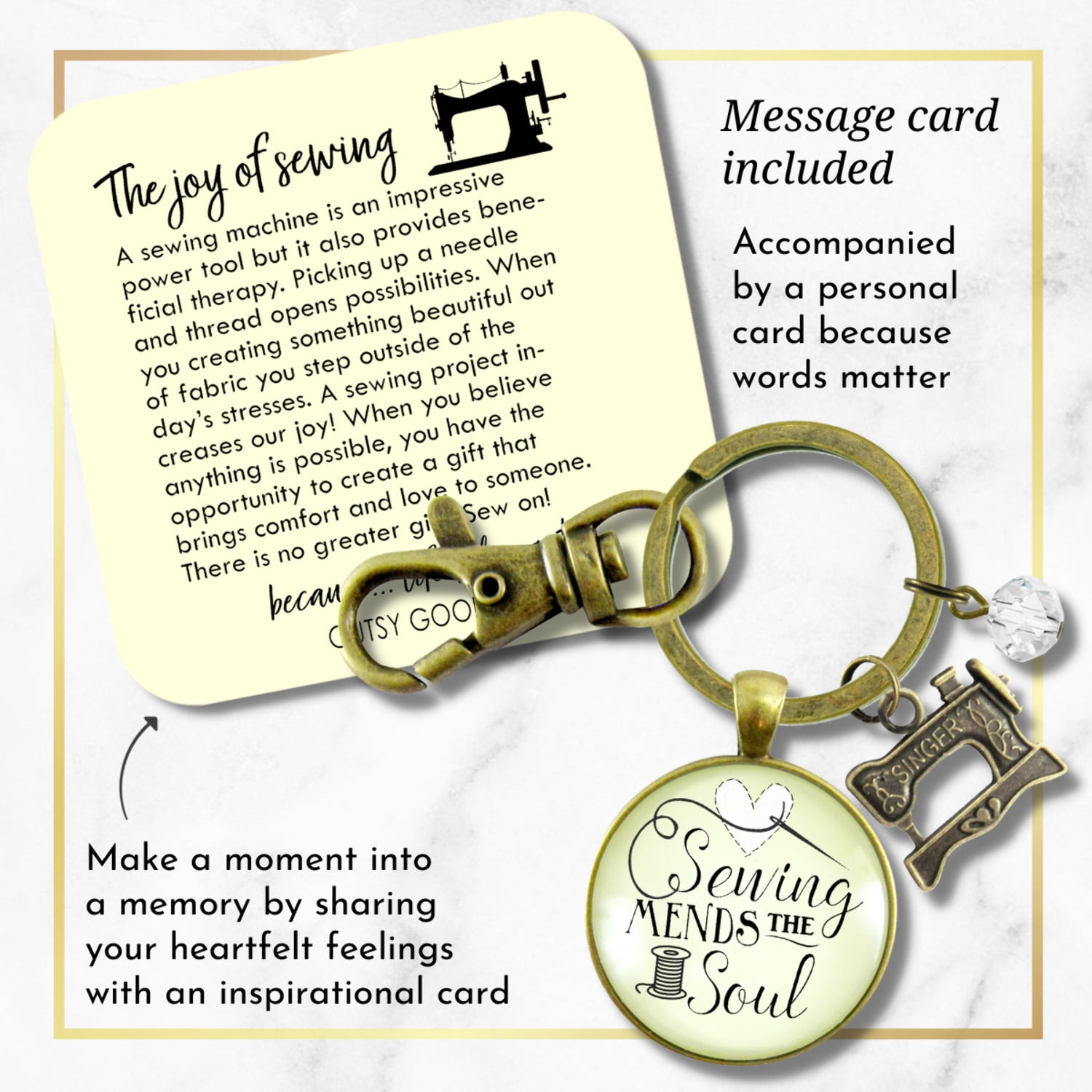 Sewing Keychain Gutsy Goodness Mends the Soul Seamstress Key Ring Bronze Metal Adult Female Jewelry Machine Charm