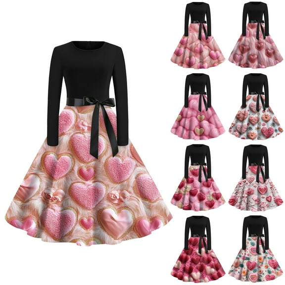 Women's Fashion Round Neck Casual Slim Valentine's Day Printed Long Sleeve Dresses, Elegant Fall and Winter Dress for Special Events, Comfortable Fit,Hot Pink,L