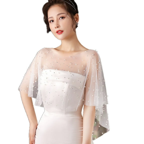 Women Sheer Tulle Pleated Wedding Shawl Rhinestone Pearl Beaded White Capelet Bolero Vintage High Low Shrug Wrap Cape for Dress Cover Up