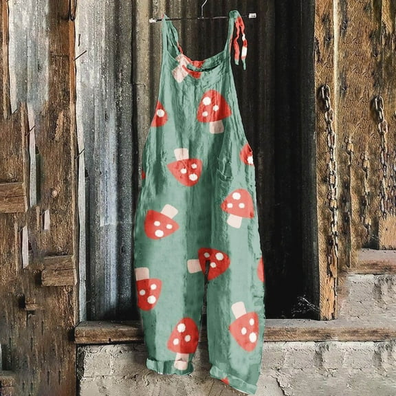 WXLWZYWL Summer Jumpsuits for Women 2024 Casual Cute Cartoon Mushroom Printed Vintage Overalls Plus Size Spaghetti Strap Jumpsuit Cruise Beach Jumpsuits Comfy Lounge Overalls