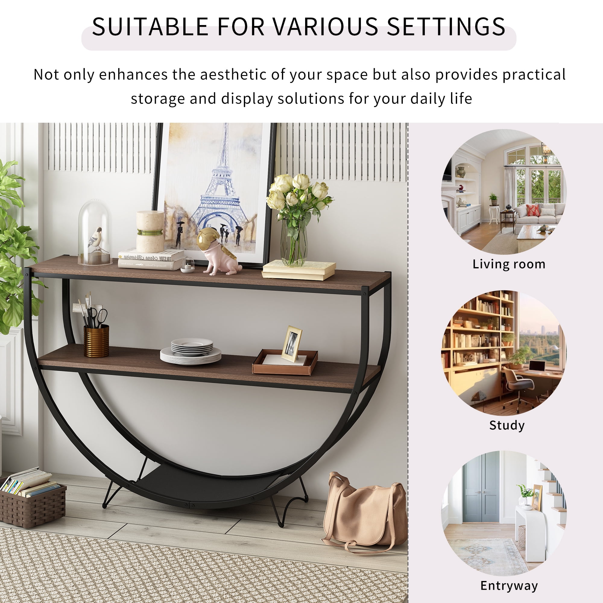 EUROCO 48" Long Console Table,Industrial 3-Tier Sofa Table Entryway Table with Open Shelves and Demilune Design,Narrow Accent Table for Living Room/Hallway/Entrance/Foyer,Dark Brown