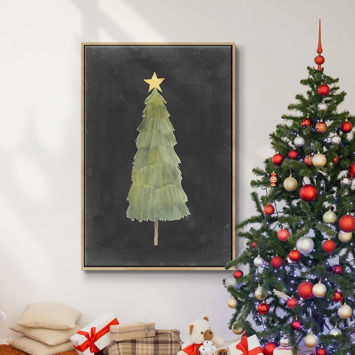 Christmas Glow Collection F - Framed Gallery Wrapped Holiday Canvas - 27 x 41 - Natural Wood Frame