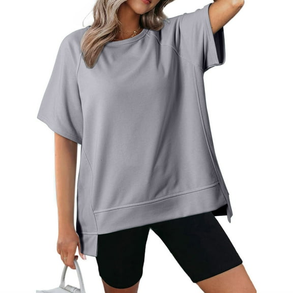 Wycnly Summer Tops for Women Tops for Women 2024 Breathable Loose Irregular Hem Oversized Pullover Top Cute Solid Blouses Ladies Crewneck Short Sleeve T-Shirts