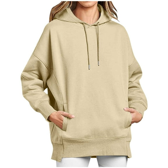 tklpehg Womens Oversized Hoodies with Pocket Drawstring Hooded Pullover Fleece Sweatshirts Classic Solid Color Long Sleeve Going Out Tops Vintage Sweatshirt Pullover (Beige,L)