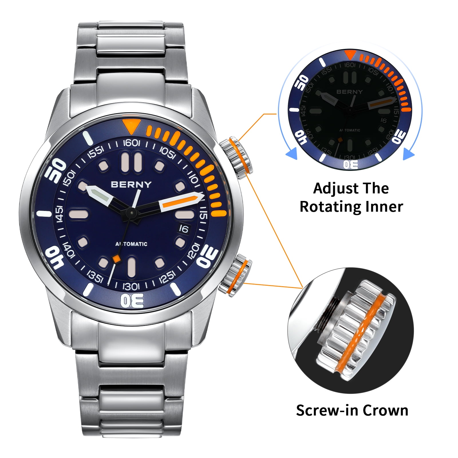 BERNY Automatic Dive Watches for Men, Sport 20ATM Waterproof Analog Mechanical Watch with Date, Super Luminous, Stainless Steel, Sapphire Crystal, Fashion Men's Pro Diver Watch (Blue)