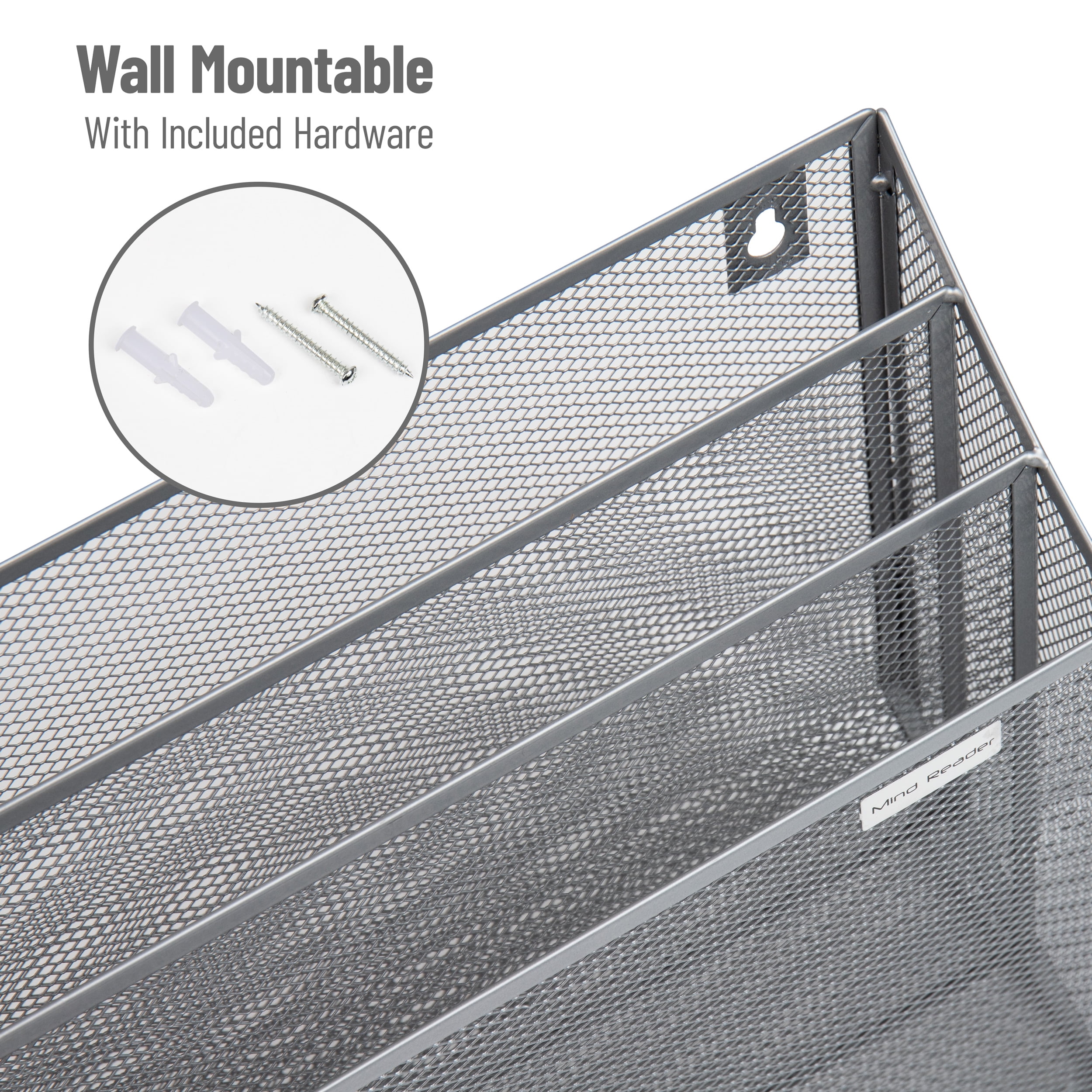 Mind Reader Vertical File Desktop Organizer, Wall Mount, Metal, 12.5"L x 3.75"W x 11.5"Height, Silver