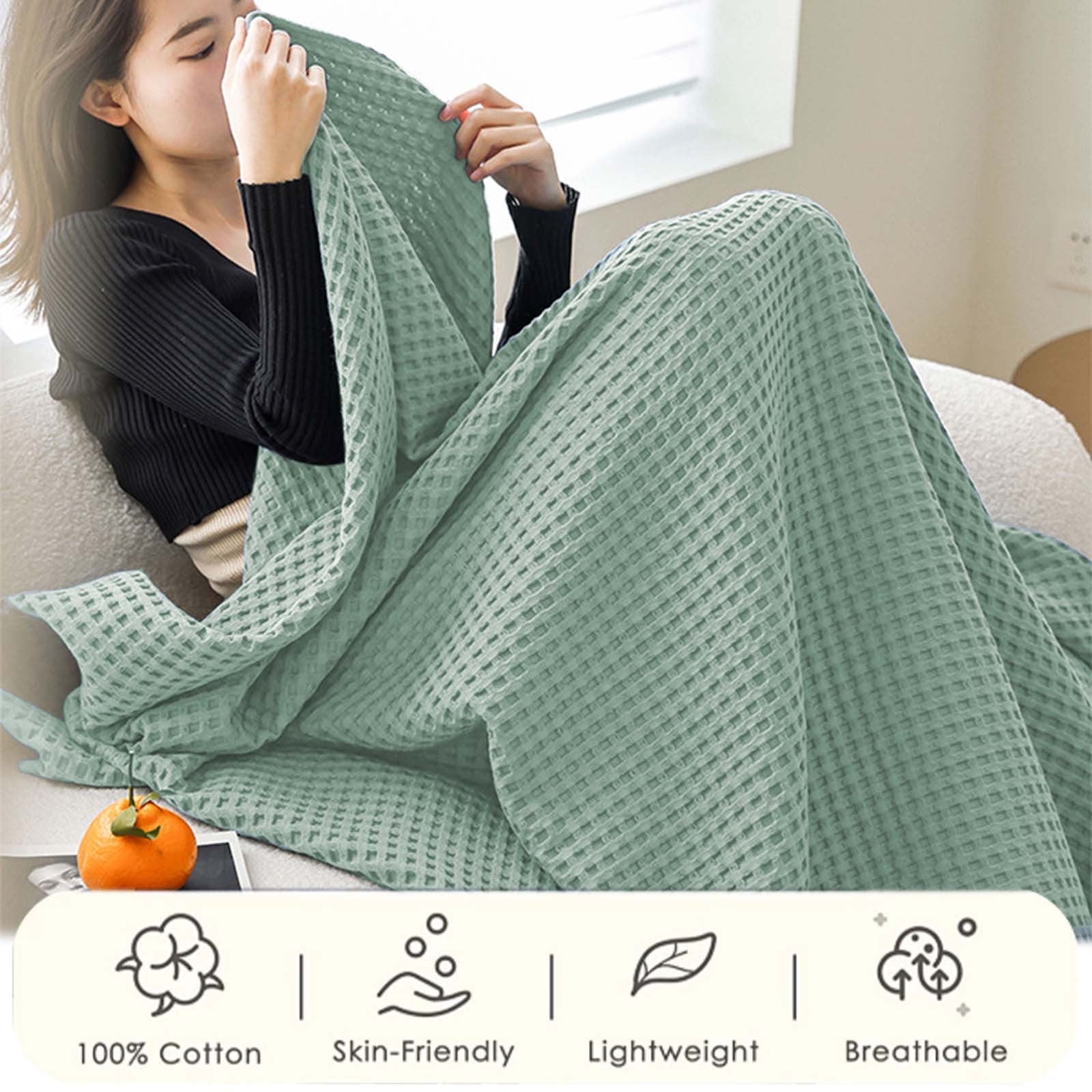 Loyerfyivos Cotton Blankets Queen Size for Bed - Waffle Weave Blankets for Summer, Lightweight and Breathable Soft Woven Blankets for Spring, White, 43.31x59.05in (Light green)
