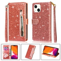 iPhone 13 Mini Wallet Case for Women/Girls,Dteck Bling Glitter Sparkly Girly Folio Leather Zipper Pocket Magnet Clasp Phone Case with 3 Card Holder,Strap and Stand for iPhone 13 Mini 5.4 Inch,Rosegold