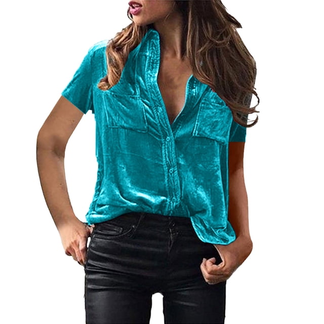 HBFAGFB Shirts for Women Winter Comfortable Tops Elegant Button Down Short Sleeved Top Blue Size M