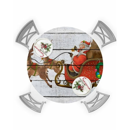 

Round Tablecloth with Elastic Christmas Santa Claus Elk on Wooden Texture Waterproof Stain-proof Table Cover Wipeable Fitted Table Cloths for 36 -44 Round Tables Dining Kitchen Indoor Outdoor Use