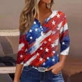 thumbnail image 2 of Women's Patriotic Star Print 250th Anniversary USA Shirt V-Neck Button 3/4 Sleeve T-Shirt, 2 of 5