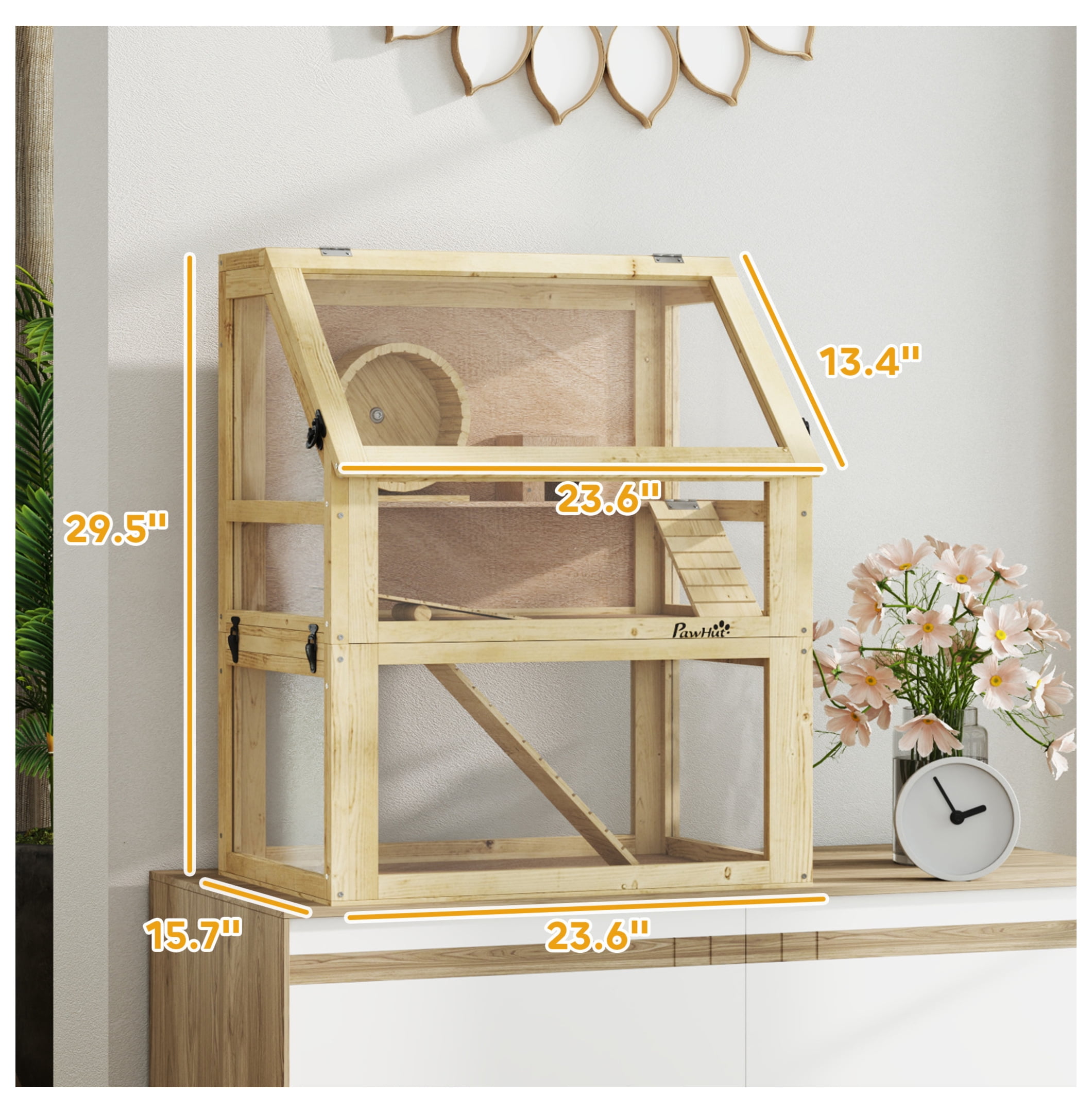 Hamster Cage 3 Tier Wooden w/Wheel, Hut & Seesaw - 24x16x29.5in - Small Animal Habitat for Hamsters, Gerbils & Mice